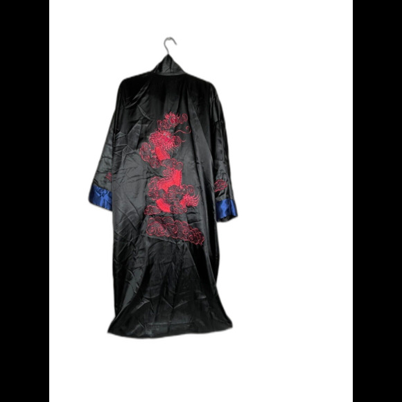 Men's Robe Kimono Reversible Embroidered Dragon Asian  Black & Blue No Belt - Picture 4 of 16